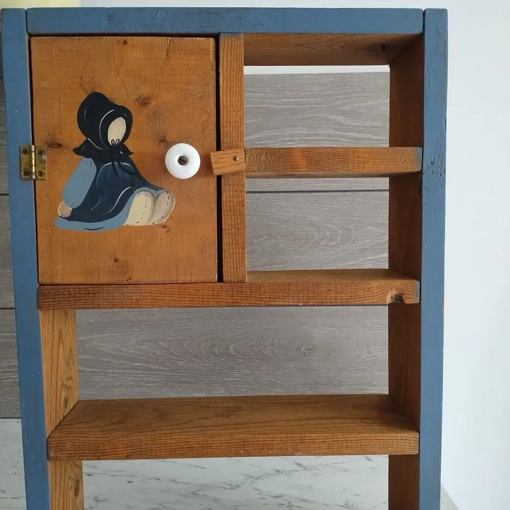 Vintage Folkart Wood Wall Shelf With Amish Girl On Door Shadow Box Farmhouse